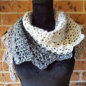 Asymmetric triangle scarf, mini crescent scarf,black white handknit scarf,black white grey multicoloured  handmade scarf ,crochet scarf
