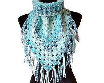BOHO scarf, bandana Scarf, hand knit fringed crochet scarf, triangle scarf, country knitted Scarf with fringe, neck-warmer turtle neck scarf