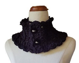 Neckwarmer mini Collar scarf, handmade scarf with buttons, hand knit soft black  scarflette, black chenille knitted soft scarf with buttons