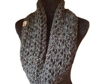 Small black/grey Infinity Scarf, loop scarf,Rustic Grey Handmade knit scarf,dark grey wool winter scarf,single loop black grey neckwarmer