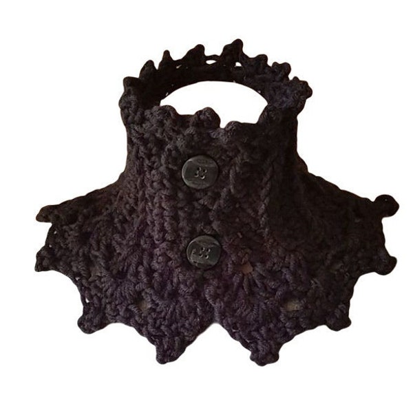 Black Victorian Collar scarf, black handmade Neck-warmer, hand-knit scarf with buttons,black crochet scarf, mini collar scarf,winter scarf