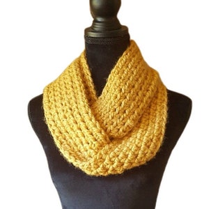 Mustard narrow Infinity scarf, wool blend loop scarf, soft knit crochet Handmade scarf, Infinity wool neckwarmer, Winter narrow chunky scarf