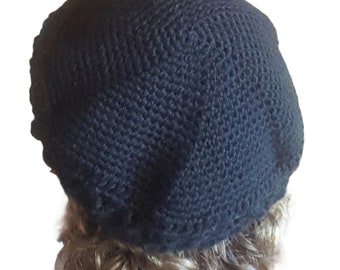 Handknit Wool Black Beret, Classic black beret, pure wool black crochet beret, vintage French beret, black French beret hat