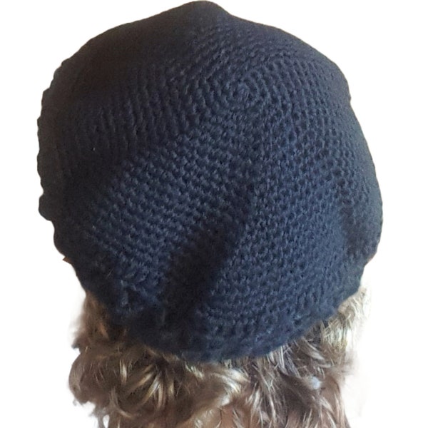 Handknit Wool Black Beret, Classic black beret, pure wool black crochet beret, vintage French beret, black French beret hat