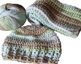 SET: SCARF + BEANIE, knitted Wool scarf, Green crochet beanie, winter beanie, Straight scarf,  handmade wool scarf, green crochet scarf