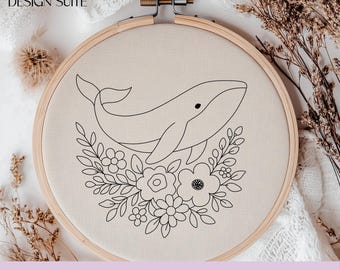 花柄クジラ刺繍パターン、クジラ刺繍、海の生き物、クジラと花の刺繍