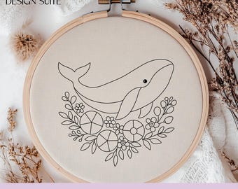 花柄のクジラの刺繍パターン：海の生き物をモチーフにしたフープアート