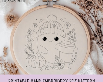 Halloween Ghost Embroidery Pattern PDF – Cozy Stitch Design with Pumpkin, Coffee & Flowers – Printable Stick and Stitch Template