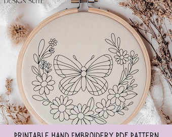 Butterfly Floral Embroidery Pattern PDF – Stick and Stitch Printable – Hand Embroidery Hoop Art – Spring Insect Template for DIY Decor
