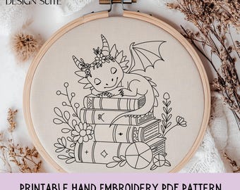 Floral Dragon Hand Embroidery Pattern PDF, Stick and Stitch Printable Template, Book Hoop Art, Unique Home Décor & Craft Project