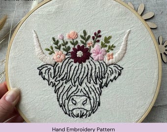Highland Cow Hand Embroidery Pattern, Cute Floral Animal Embroidery Design, Cottage Embroidery PDF Template,  Line Work Stick and Stitch