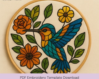 Hummingbird Hand Embroidery Pattern PDF – Stained Glass Style Embroidery Template – Colorful Nature Hoop Art – DIY Digital Download File