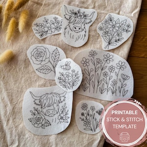 May include: A collection of printable stick and stitch templates featuring floral and animal designs. The templates include a Highland cow, roses, wildflowers, and a bee. The designs are outlined in black on a white background. The text "Printable Stick & Stitch Template" is also visible.