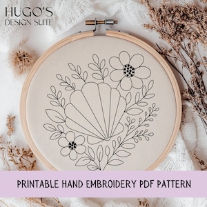Seashell Floral Embroidery Pattern PDF – Stick and Stitch Printable – Coastal Hand Embroidery Design – Ocean Hoop Art Template