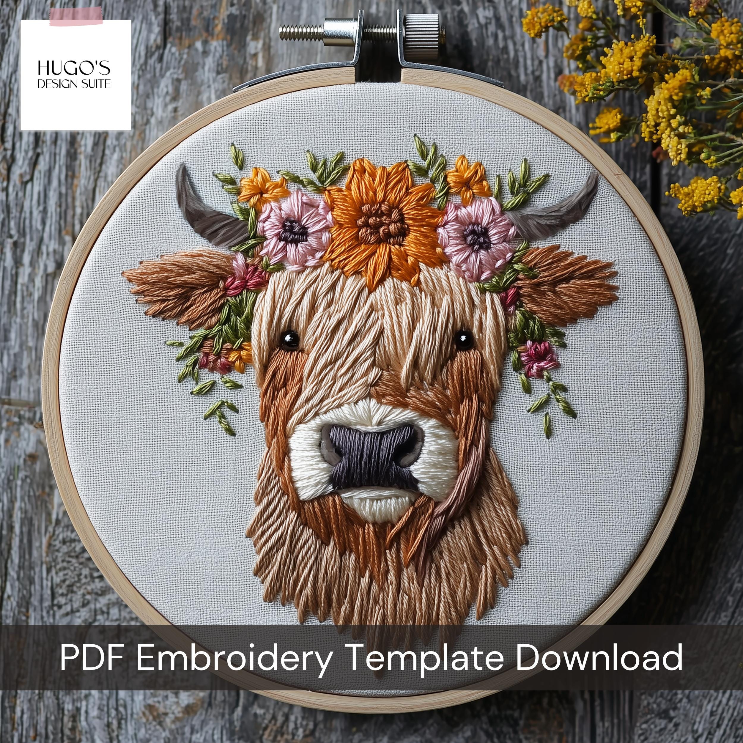 Floral Highland Cow Hand Embroidery Pattern, Fun Animal Embroidery Design, Cute Cottage Embroidery PDF Template,  Line Work for Stitching