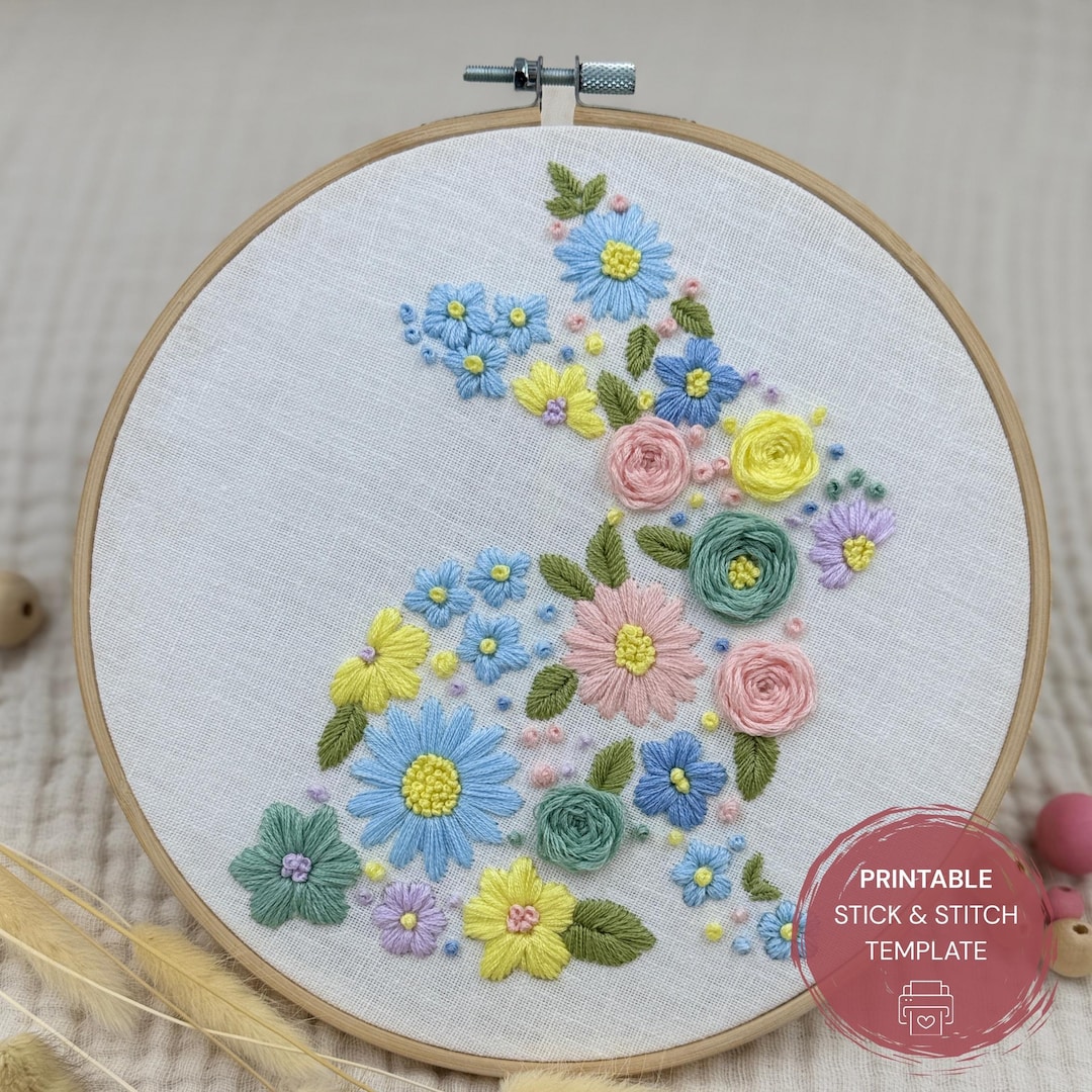 Bunny Hand Embroidery Pattern, Floral Easter Embroidery Design ...