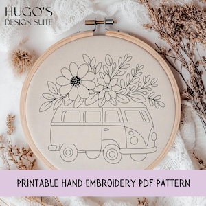 May include: A hand embroidery pattern featuring a black and white illustration of a vintage van with flowers on top, set in a wooden embroidery hoop. The text "PRINTABLE HAND EMBROIDERY PDF PATTERN" is at the bottom.