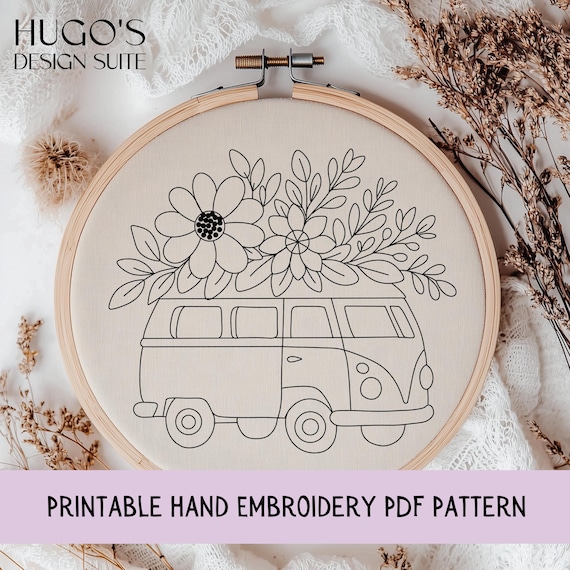 Floral Camper Van Embroidery Pattern PDF – Boho Bus Stick and Stitch Design – Printable Hand Embroidery for Travel Lovers and Camping Lovers