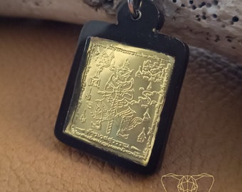 Thao wessuwan cased amulet pendant, two sides gold plate carved pendant, powerful buddhist evil protection talisman, thai buddhist amulet.