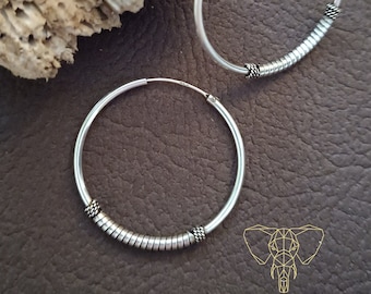 Bali hoop earrings, sterling silver 35mm bali hoops, oxidized 925 silver hoops, timeless sterling silver bali earrings, ethnic boho outfit.