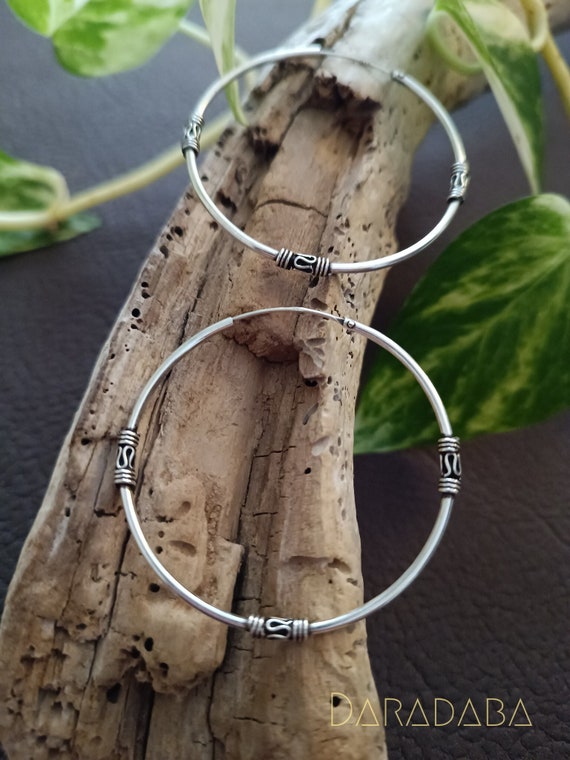 Sterling silver bali oxidized hoop earrings 45mm, big tribal hoop earrings, comfy 925 silver hoops, hippie hoop earrings, handmade jewelry.