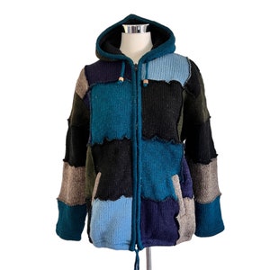 Patchwork hippie jacket, wool jacket lined, cardigan wool, unisex cardigan blue, hoodie, Nepali sweater cozy with zipper