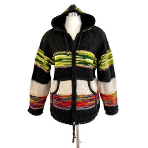 Warm patchwork jacket, hippie wool jacket with rainbow lining, wool cardigan, knitted cardigan, Himalayan sweater