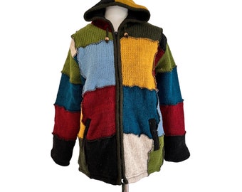 Hippie Patchwork Jacke warm, Strickjacke bunt Wolle gestrickt, Nepali Wolljacke, Kapuzenjacke farbenfroh, Pullover, Hoodie, Cardigan