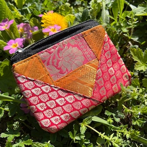 Mini billetera de brocado con patchwork, monedero, monedero hecho a mano, joyero, neceser de maquillaje con estampado floral, regalo hippie vintage
