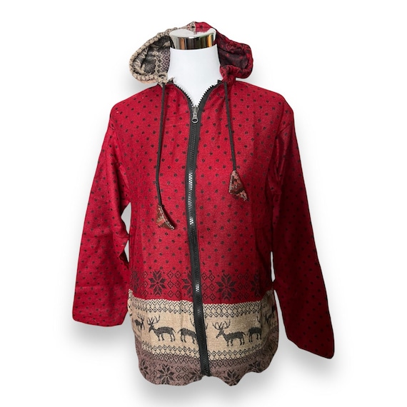Warme Hippie Jacke rot mit Rentier, Damen Strickjacke, Winter