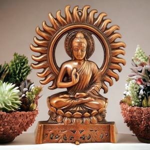 Buddha figure, statue with sun, sculpture, wall hanging, Indian decoration, Buddhist decoration