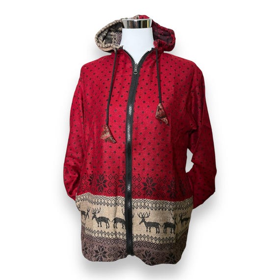 Warme Hippie Jacke rot mit Rentier, Damen Strickjacke, Winter