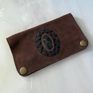 Leather tobacco pouch with labradorite gemstone | Handmade suede tobacco pouch | Brown rolling pouch | Tobacco case smoker&#39;s gift