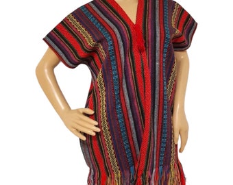 Baja sweater sleeveless, Gheri poncho, hippie throw, Nepal top with fringes, traditional and colorful