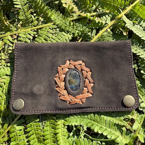 Tobacco pouch leather with labradorite | Handmade tobacco pouch | Stylish vintage suede tobacco pouch brown | Tobacco case