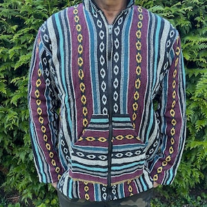 Hippie Jacke Baumwolle Gheri blau | Ethno Hoodie traditionell gewebter Baumwollstoff |  | Goa Festival Jacke blau Unisex ethisch