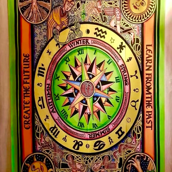 Wandtuch mit Horoskop Celtic Cycle of the Ages, indischer Wandbehang bunt, Hippie Wandteppich UV Aktiv, wall tapestry