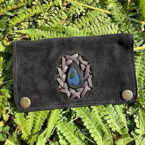 Tobacco pouch leather with labradorite | Tobacco pouch handmade | Vintage suede tobacco pouch, tobacco case, black tobacco pouch