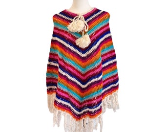 Hippie rainbow poncho, wool poncho colorful stripes with fringes, throw, warm overhang, crochet poncho