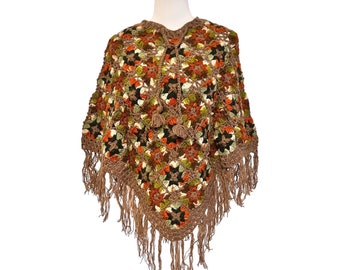 Hippie wool poncho brown, crochet poncho with fringes, boho throw, cloak, cape, autumn poncho floral, wool poncho