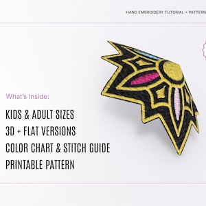 May include: A digital hand embroidery pattern for a Rumi shoulder patch. The patch has a black, yellow, pink, and blue geometric design. The image includes the text "Kids & Adult Sizes", "3D + Flat Versions", "Color Chart & Stitch Guide", and "Printable Pattern".