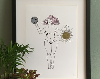 Sun and Moon Lady - A4 Art Print. Women, nude, celestial,