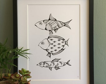 Catch - A4 Art Print. Fish, Illustration, Pattern, Kitchen print