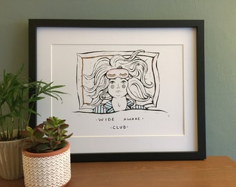 Wide Awake Club - A4 Art Print. Bed, women, sleep, dreams, illustration