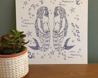 Sirens - Square Print. Mermaid, Women, Quirky, Fish, Sea, Under water, Nautical, Ocean.