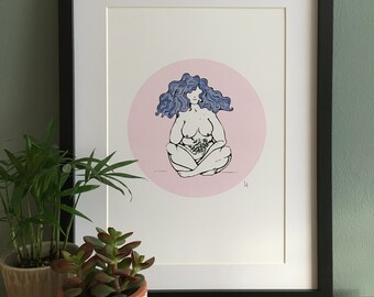 Zoe - A4 Art Print. Female, nude, flowers, quirky, illustration