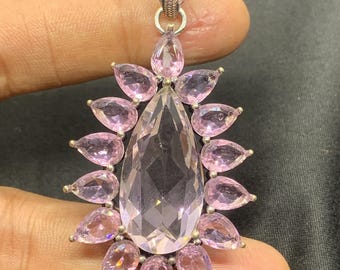 Pendentif pierre gemme kunzite rose à facettes, argent sterling 925