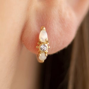 May include: Gold hoop earrings with small white pearlescent stones and a single clear rhinestone.