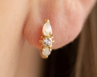 Gold Plated Sterling Silver Opal Huggie Hoop Earrings