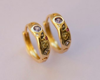 Gold Plated Huggie Hoop Earrings: Evalina CZ Colorful Hoops